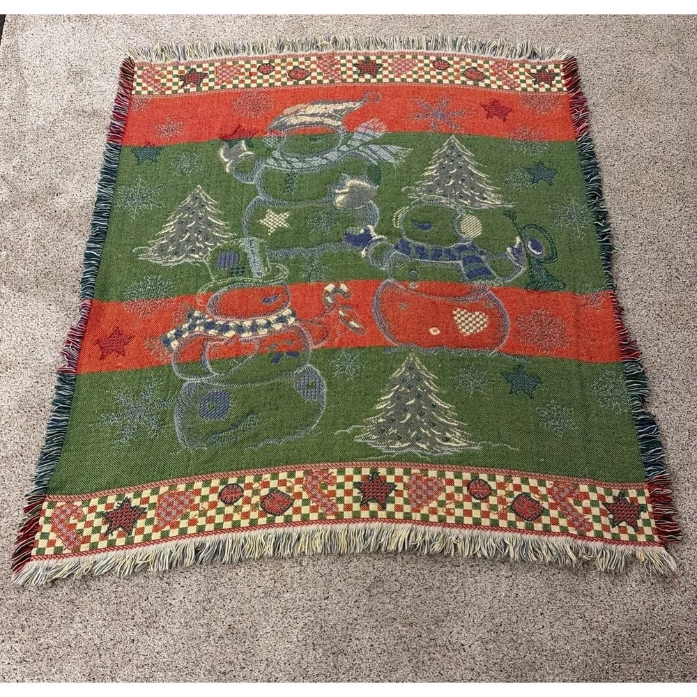 Snowman Christmas Holiday Tapestry Throw Blanket Snow Trumpet Pine Tree 48